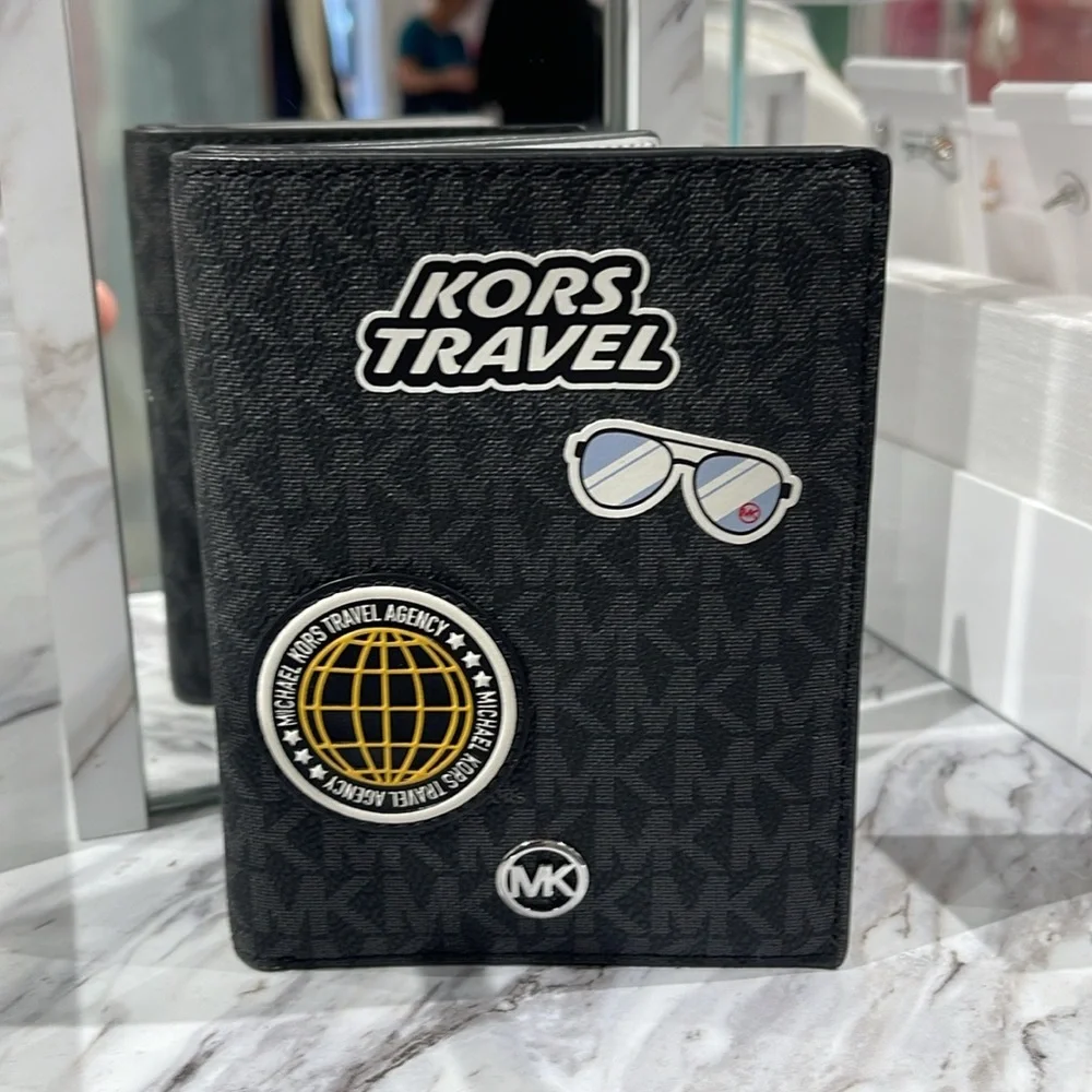 Michael Kors Jet Set Travel Md Embellished Signature Logo Passport Case Black